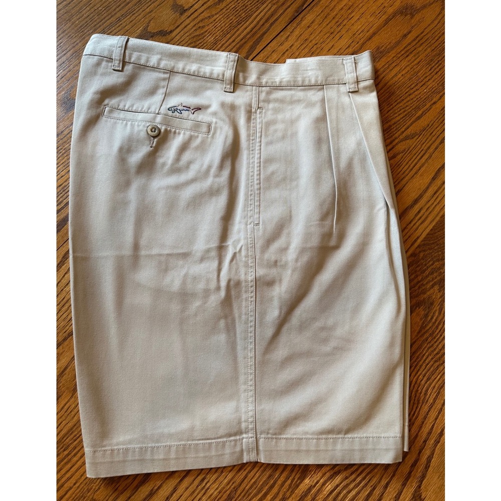 Greg Norman Men 36 Khaki Tan Pleated Cotton Golf Shorts Shark Logo RN69421
